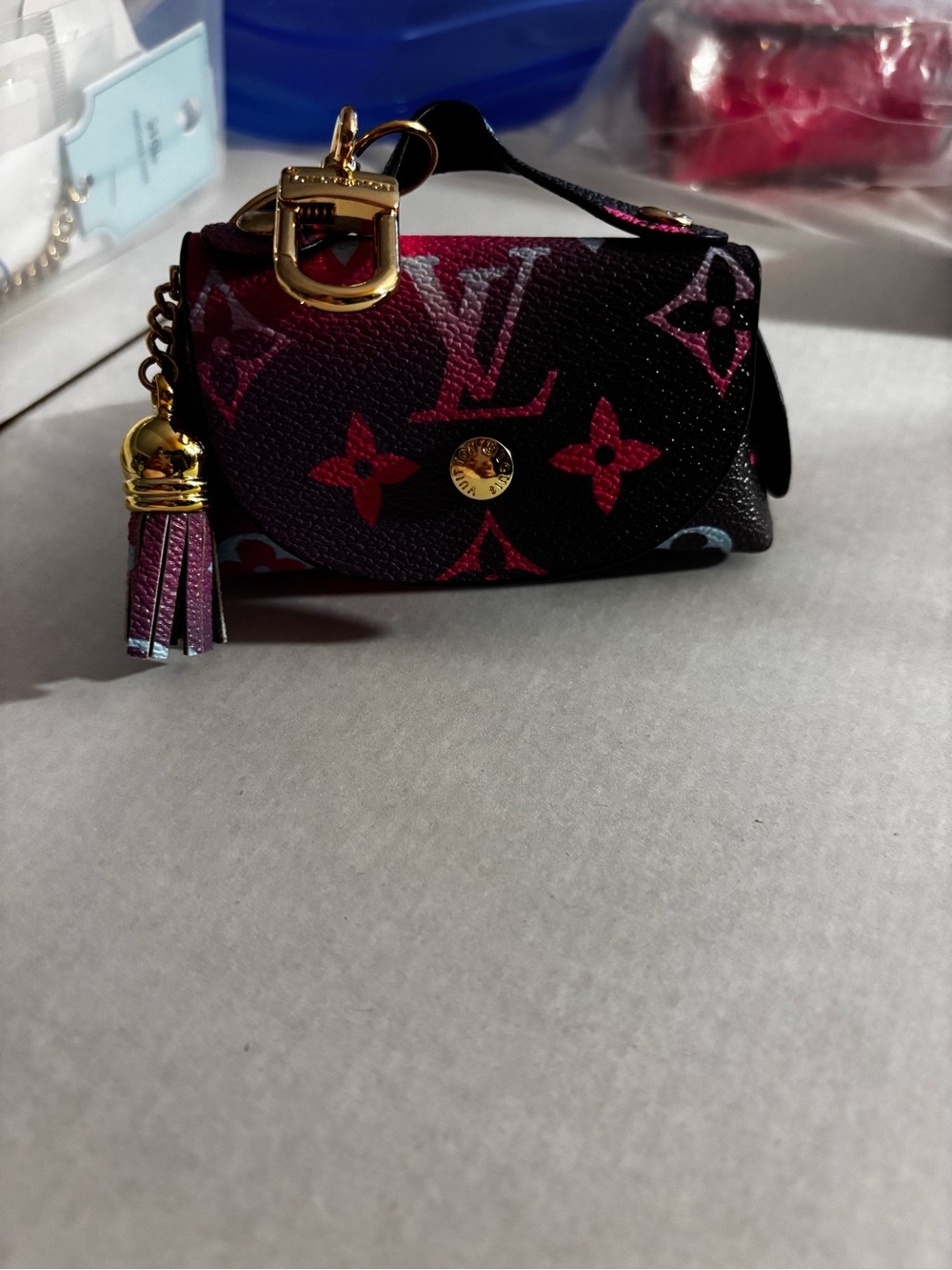 Brand New !  Black & Pink Monogram Mini Key Pouch with Tassel Charm👇